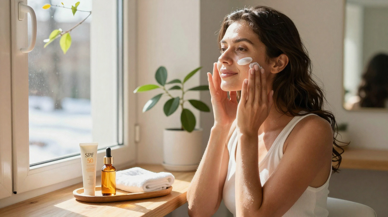 Mulher aplica creme no rosto junto a janela, com produtos de skincare e planta ao fundo.