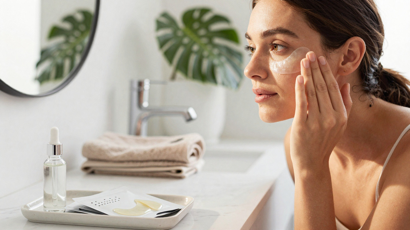 Mulher aplica creme facial sob os olhos numa casa de banho branca com planta e toalhas ao fundo.