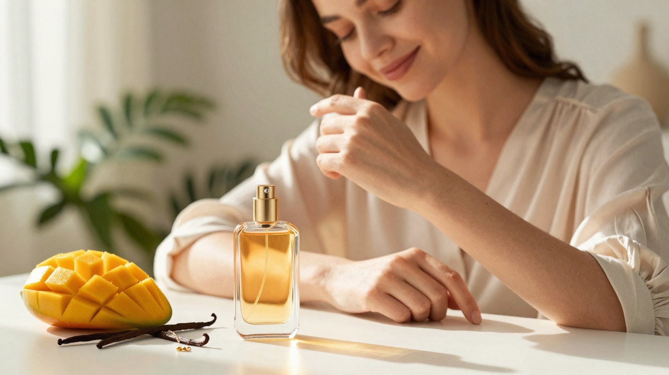Mulher a cheirar perfume junto a manga cortada e favas de baunilha sobre mesa branca.