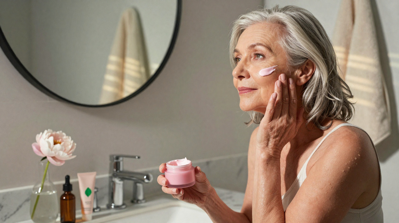 Mulher sénior aplicando creme facial junto à pia, com produtos de beleza e flor rosa ao lado.