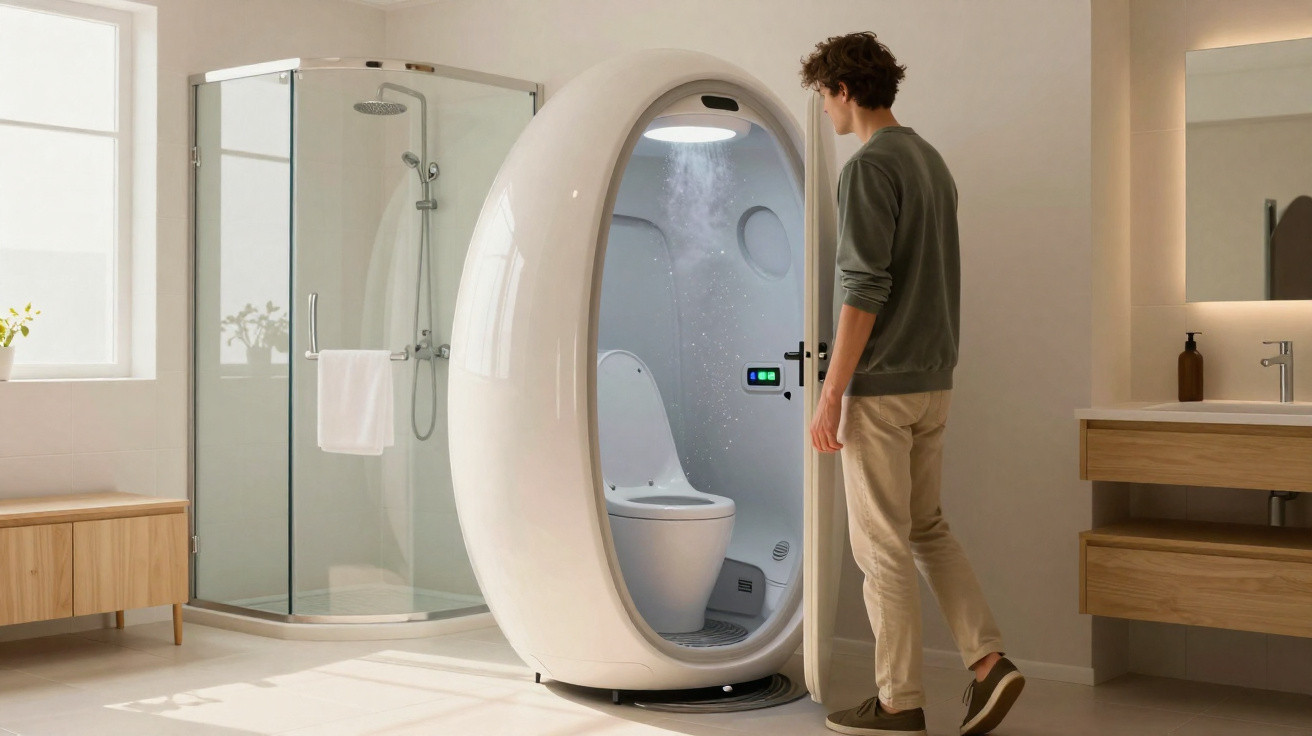Homem a abrir cápsula sanitária futurista oval numa casa de banho moderna e luminosa.