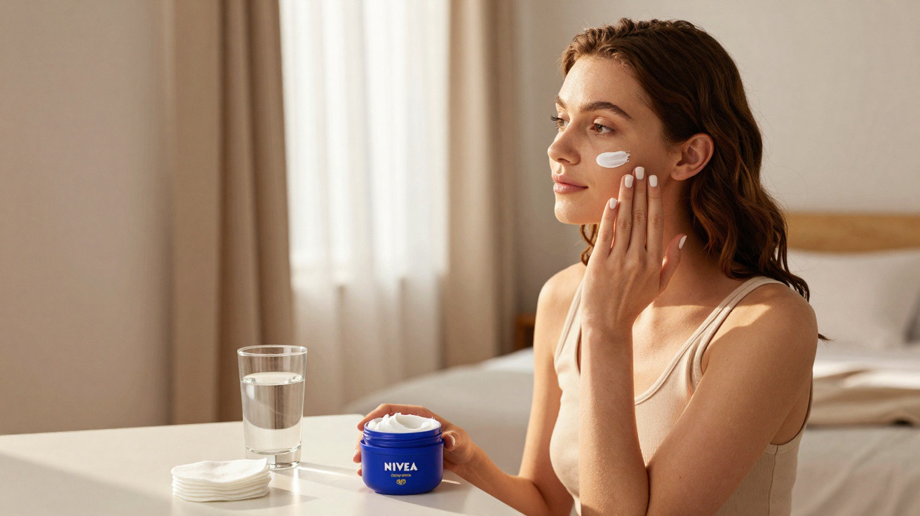 Mulher a aplicar creme Nivea no rosto sentada junto a uma mesa com copo de água e algodão.