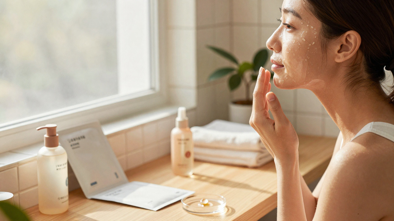 Mulher a aplicar creme facial num espaço iluminado com produtos de cuidados de pele numa bancada.