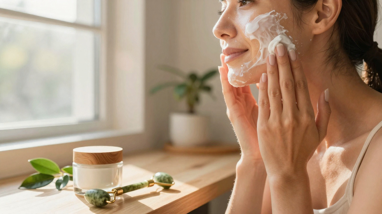 Mulher a aplicar creme facial perto de janela, com rolo de jade e pote de creme numa mesa de madeira.