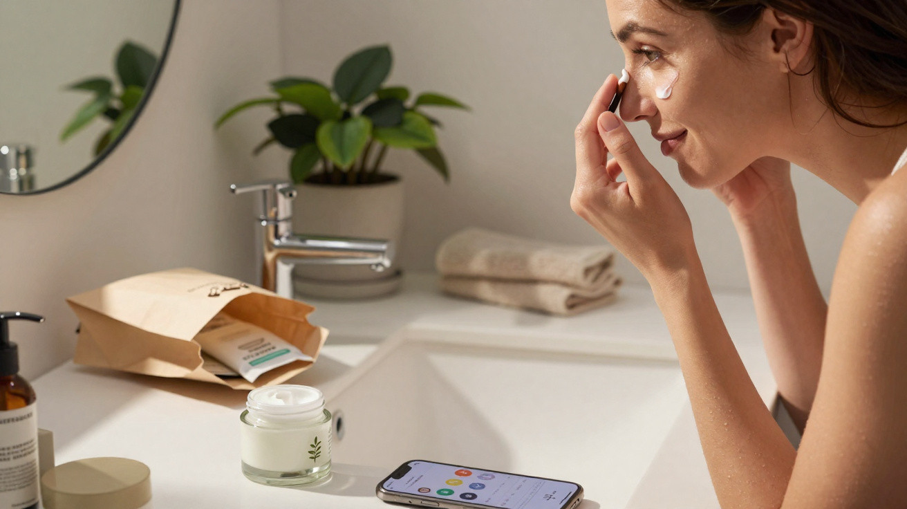 Mulher a aplicar creme facial numa casa de banho moderna com smartphone e produtos de beleza na bancada.