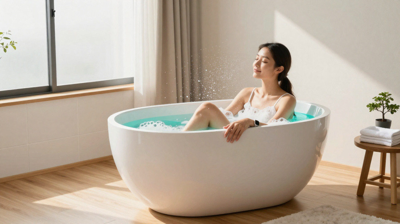 Mulher relaxa numa banheira branca com água azul numa sala iluminada e minimalista.