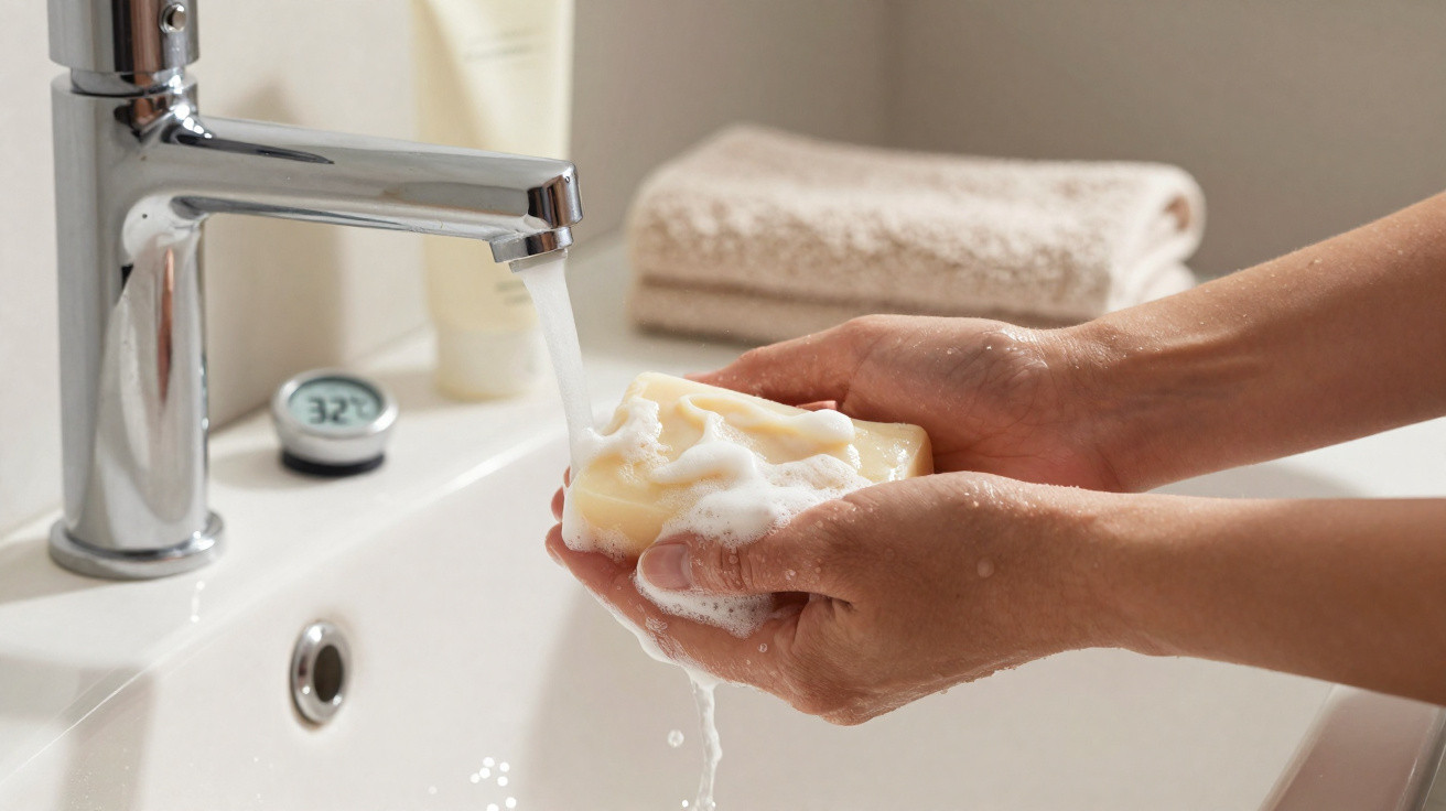 Mãos a ensaboar barra de sabão com espuma em lavatório, água a correr e toalha ao fundo.