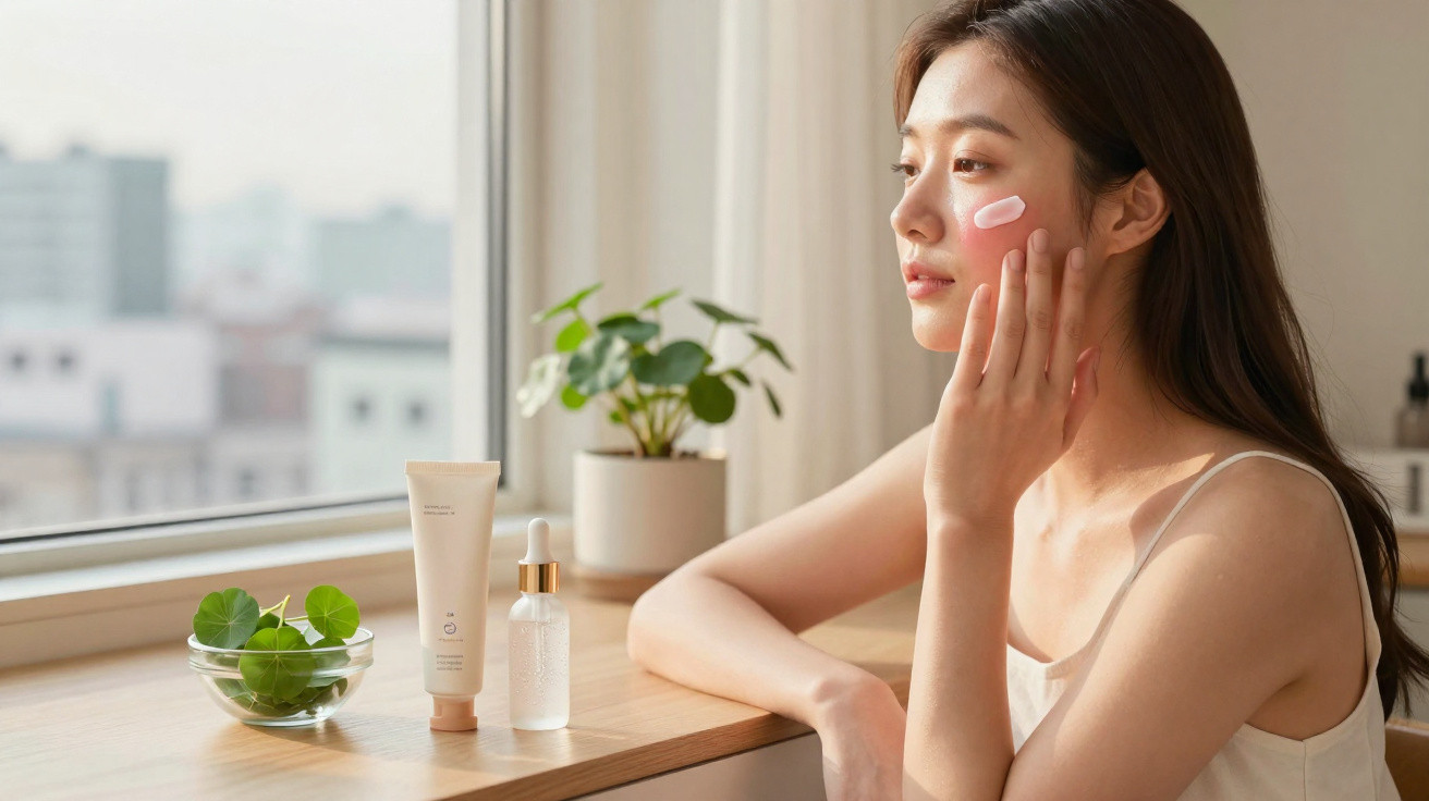 Mulher aplica creme facial sentada junto a uma janela com produtos de cuidados de pele na mesa.