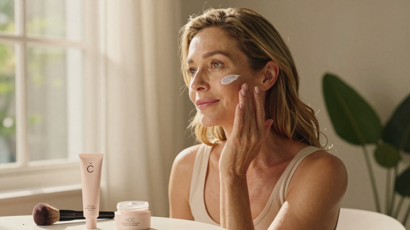 Mulher aplica creme no rosto sentada à mesa com produtos de cuidado de pele em ambiente iluminado.