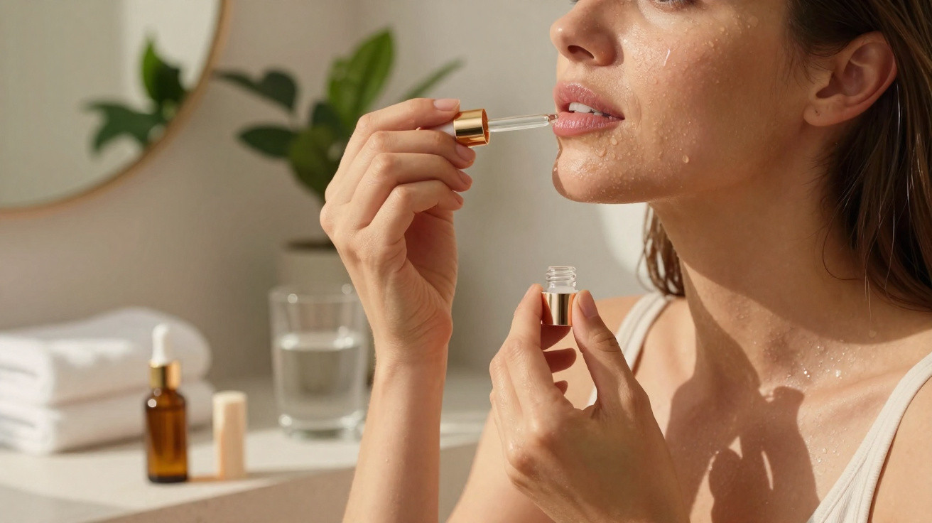 Mulher a aplicar sérum facial com conta-gotas num ambiente de casa de banho bem iluminado.