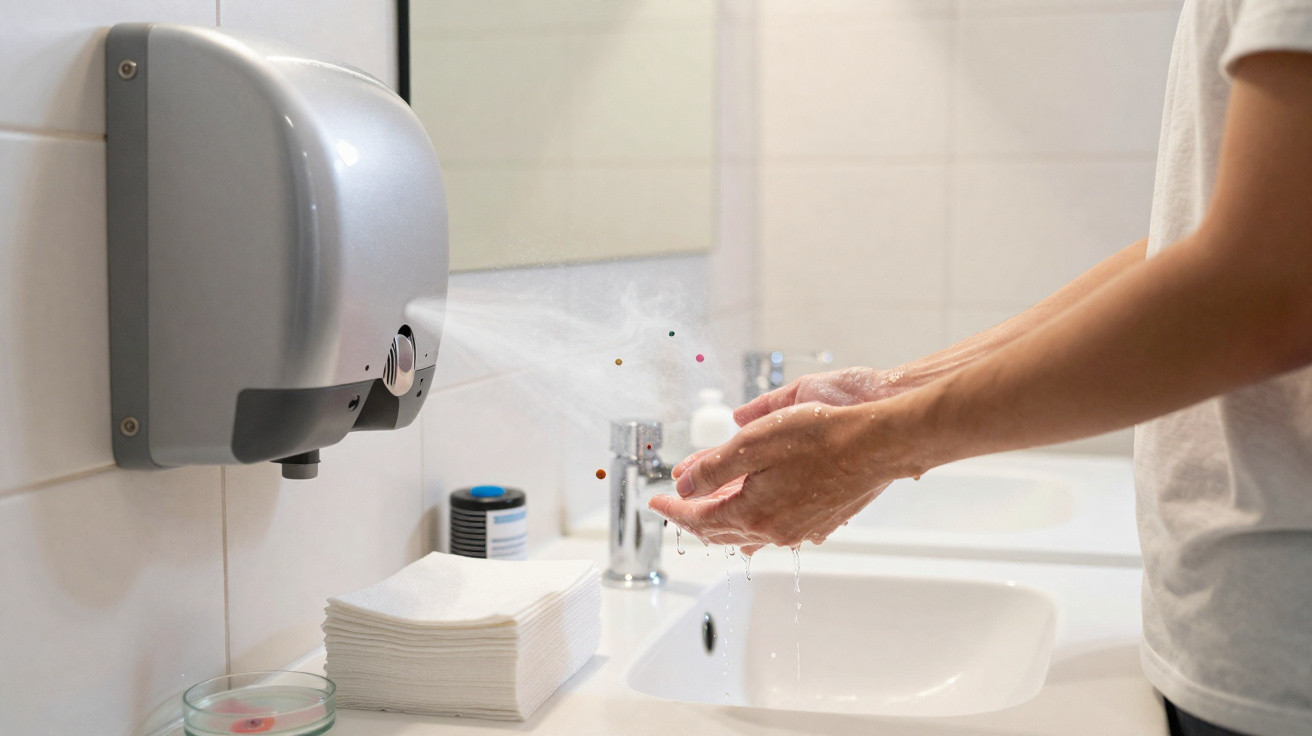 Mãos a serem secas com secador automático num lavatório de casa de banho com toalhetes de papel.