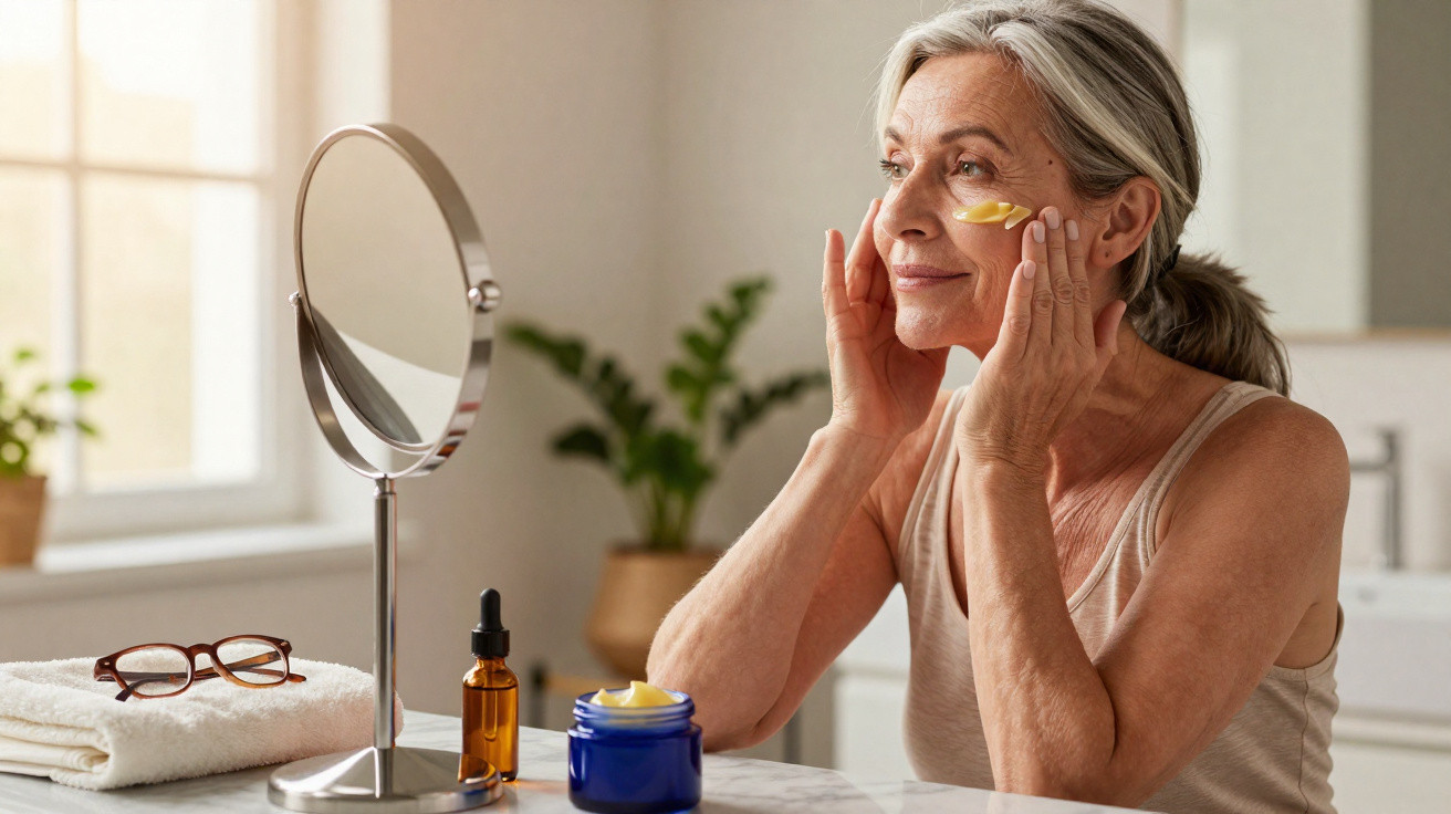 Mulher sénior a aplicar creme de olhos numa casa com espelho e plantas ao fundo.