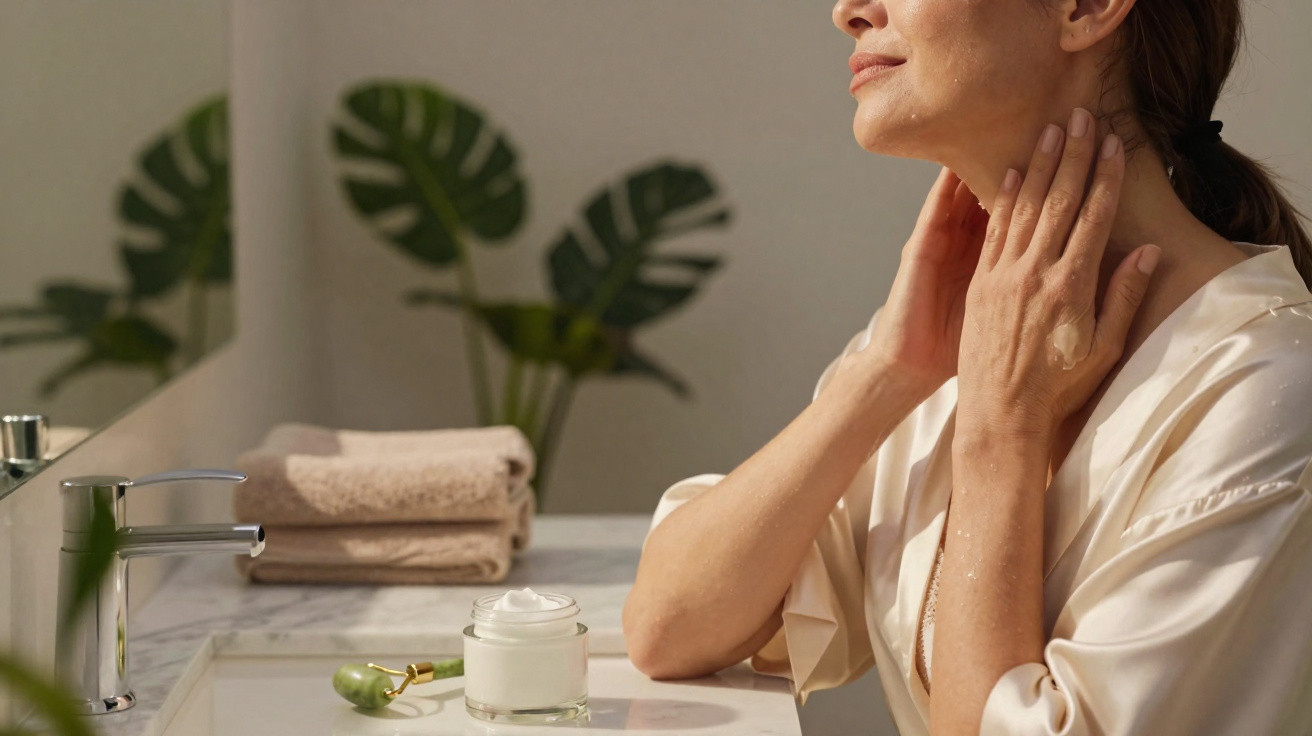 Mulher a cuidar da pele do rosto em casa, no lavatório, com creme e rolo de massagem à frente.