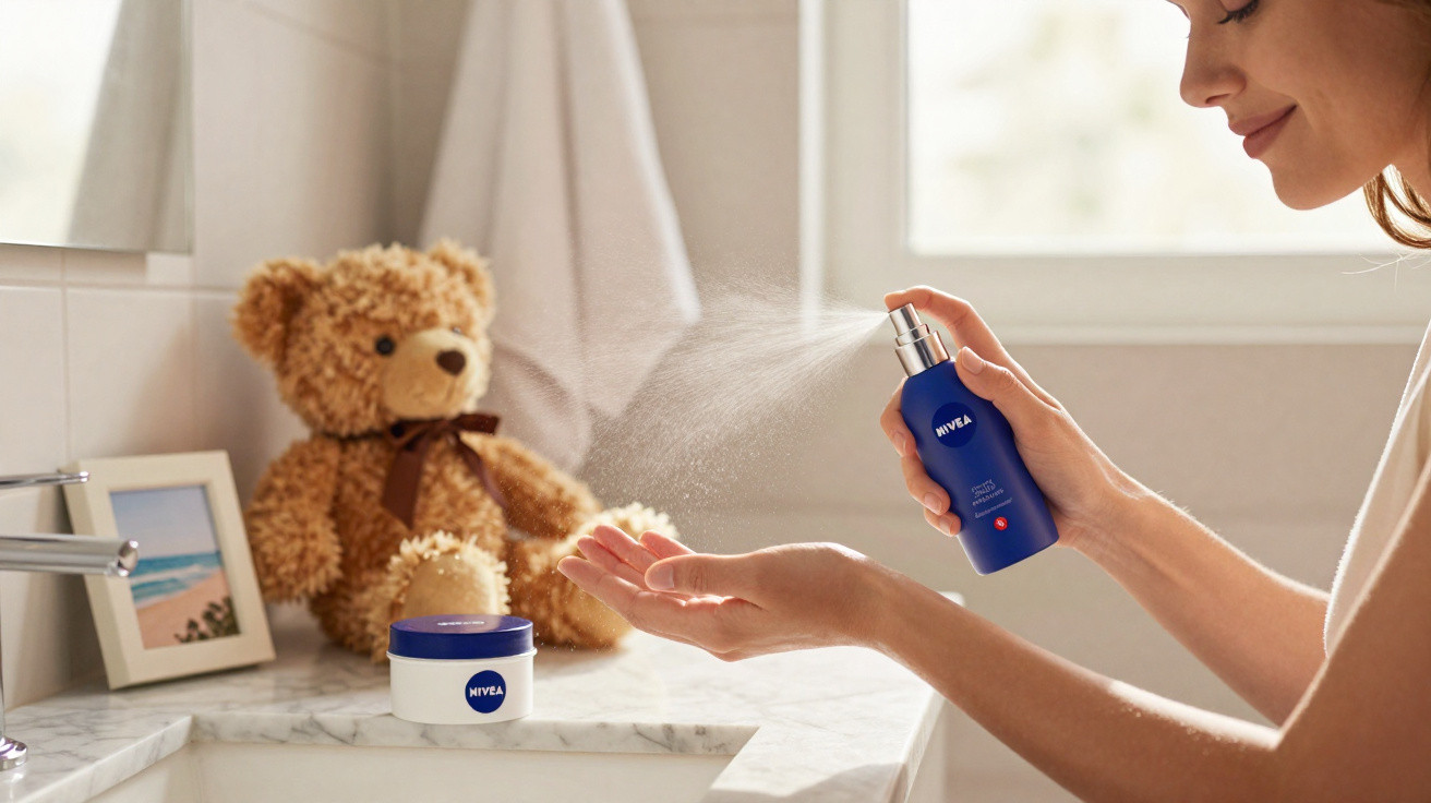 Mulher a pulverizar produto Nivea nas mãos numa casa de banho com urso de peluche e fotografia.