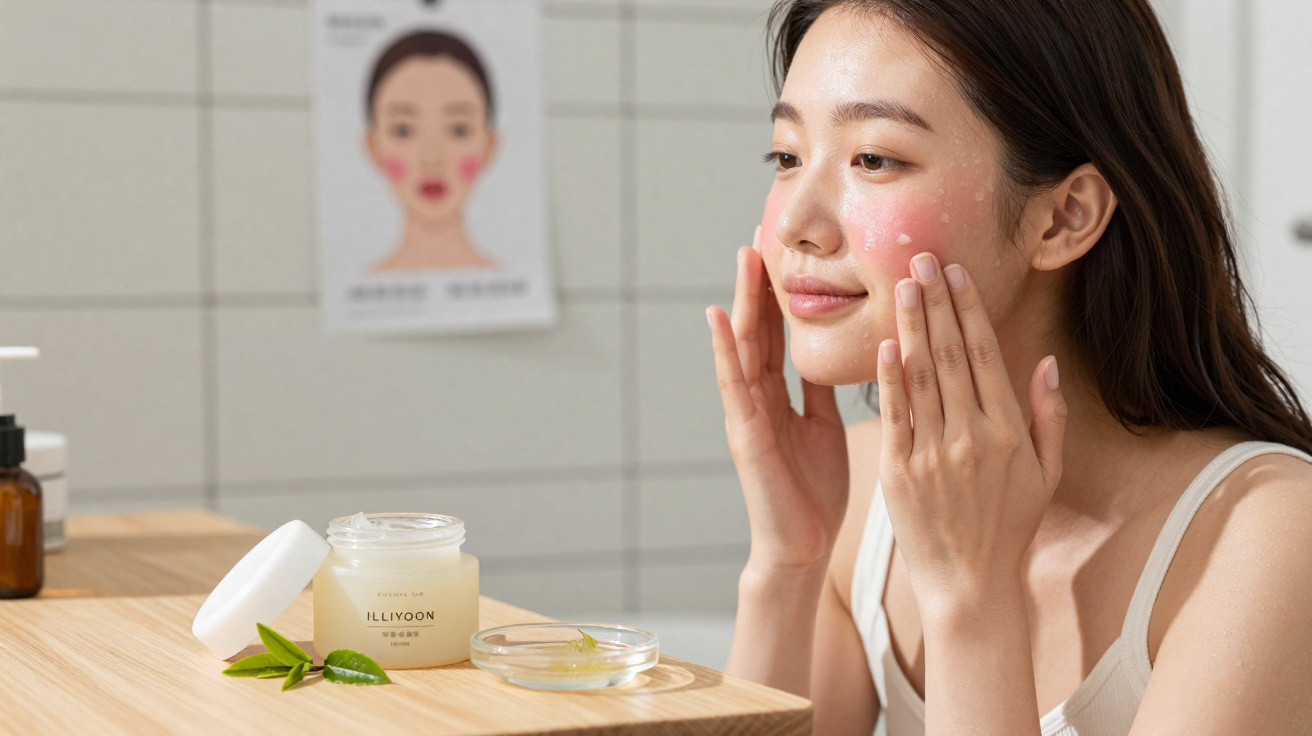 Mulher aplica creme hidratante no rosto, sentado à mesa com produtos de cuidado de pele à frente.