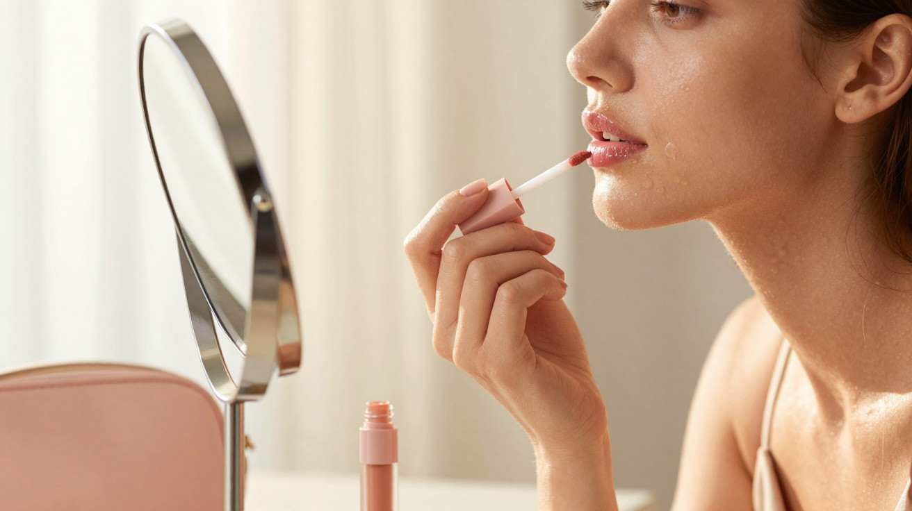 Mulher a aplicar gloss labial rosa à frente de um espelho redondo num ambiente iluminado.