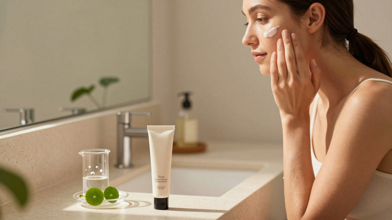 Mulher a aplicar creme facial junto a lavatório com tubo de produto cosmético e plantas.