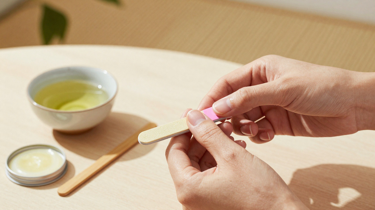 Mãos a lixar unhas com lima cor-de-rosa numa mesa com tigela de chá e creme de mãos.