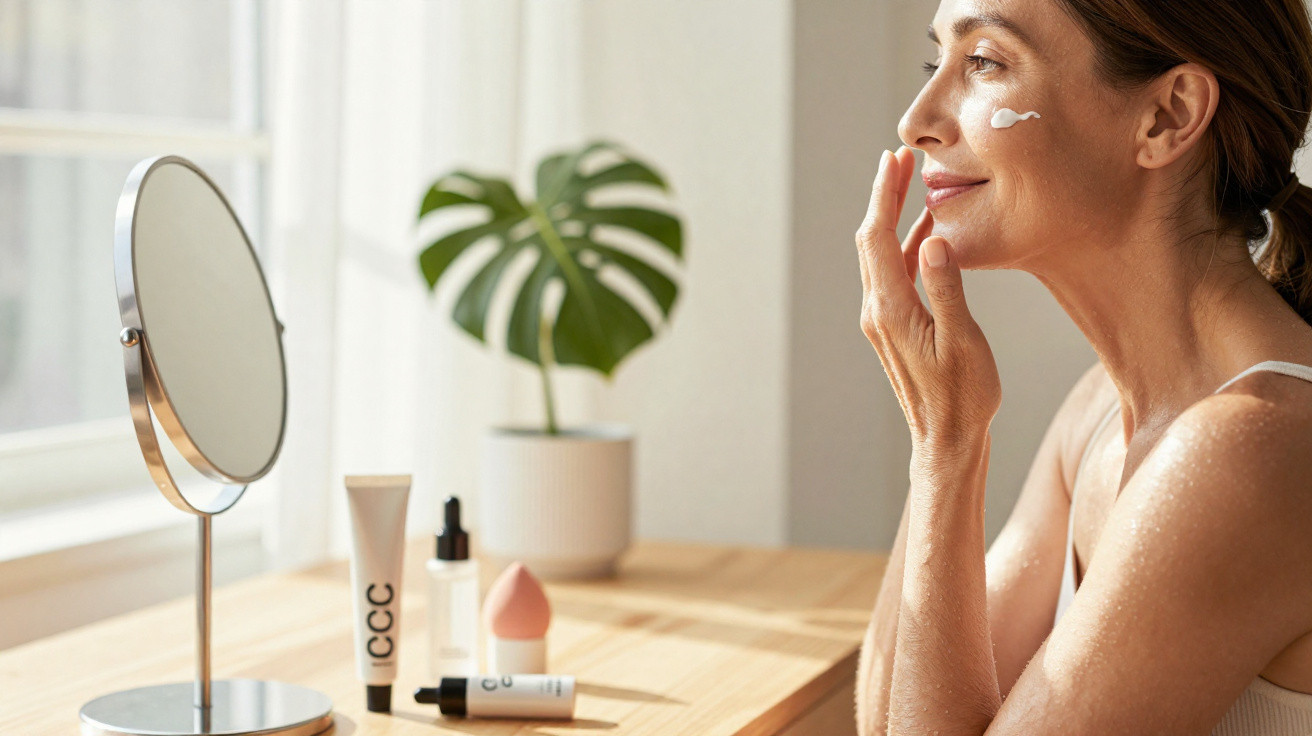 Mulher aplica creme no rosto sentada à secretária com espelho, plantas e produtos de beleza.