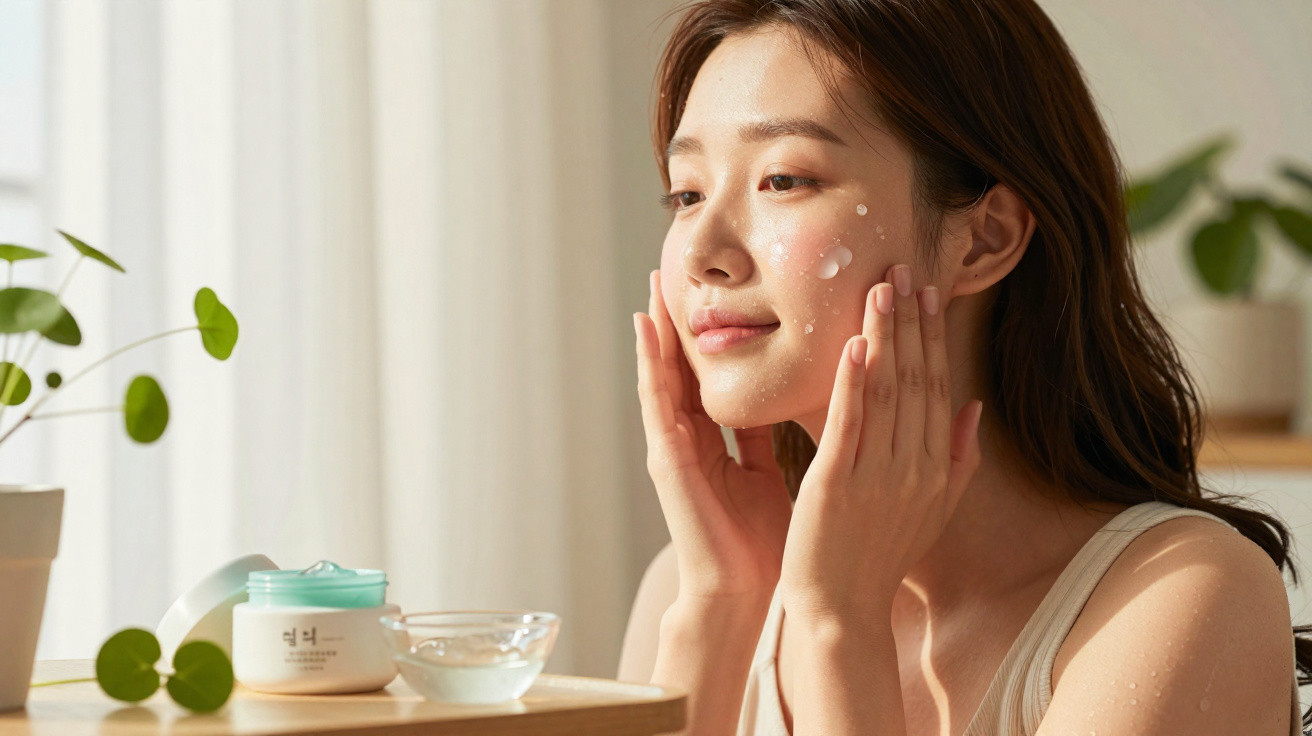 Mulher a aplicar creme hidratante no rosto, sentada junto a mesa com plantas e produtos de cuidado da pele.