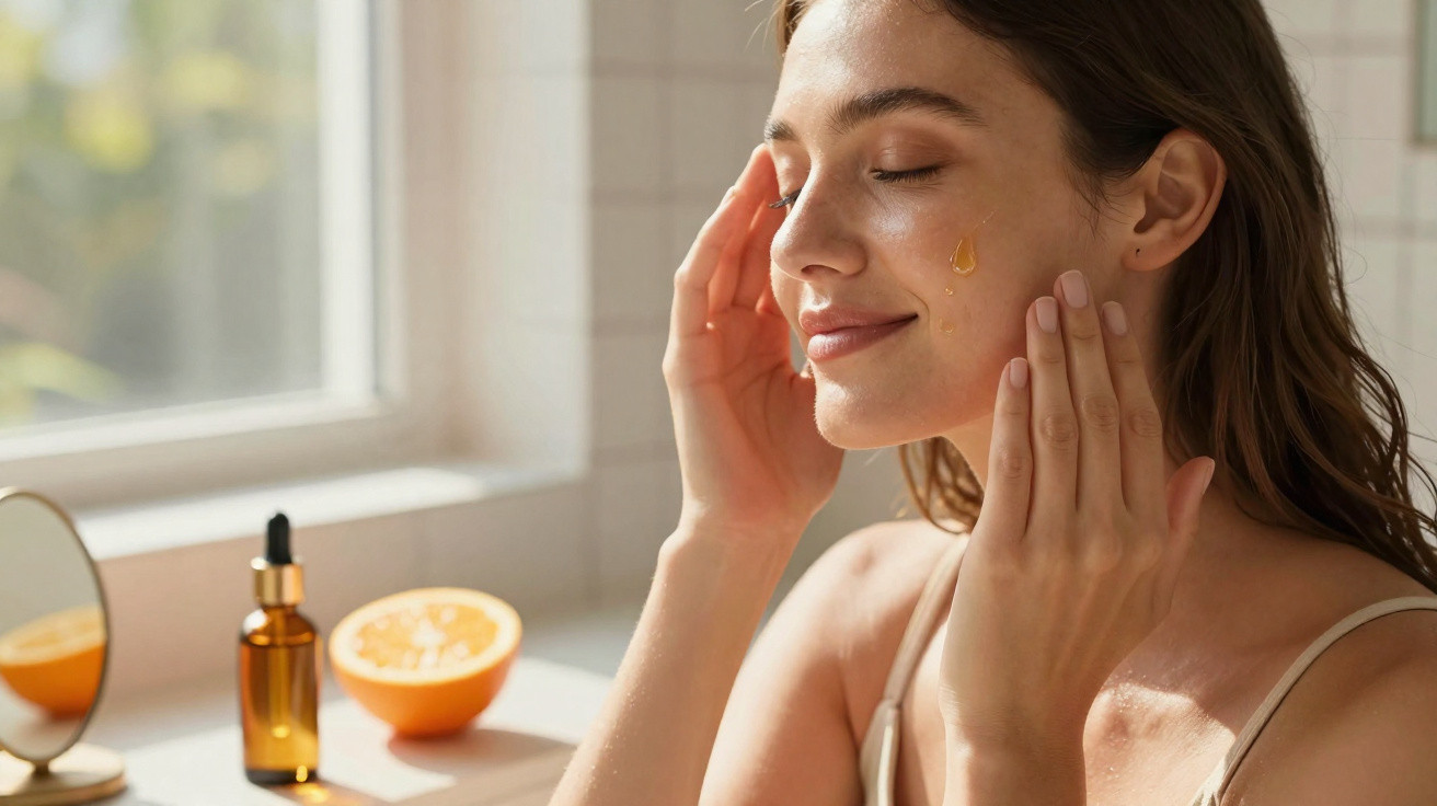 Mulher a aplicar serum facial com pormenor de gota no rosto, sorriso suave e olhos fechados.