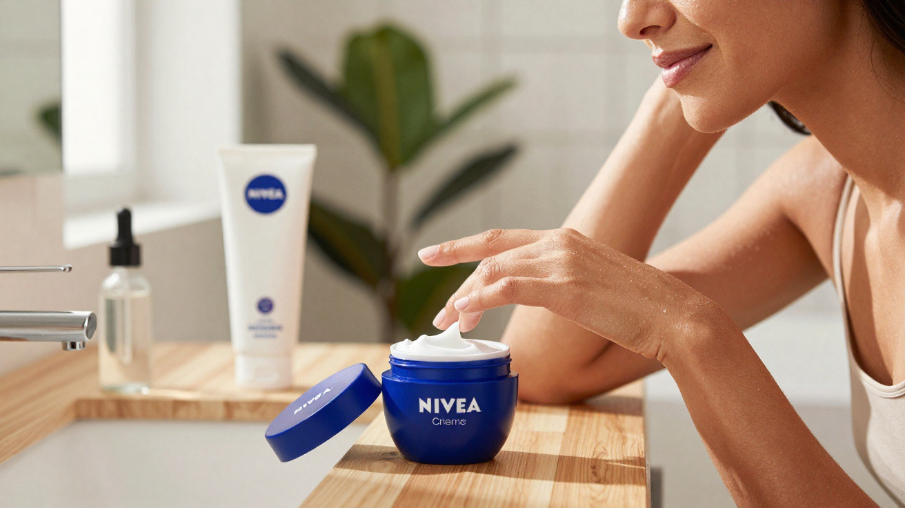 Pessoa a aplicar creme Nivea num ambiente de casa de banho com planta ao fundo.