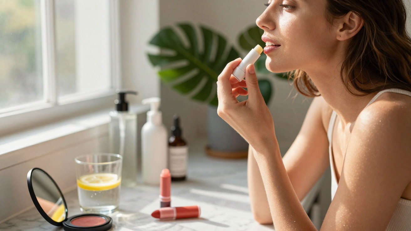 Mulher aplica batom hidratante junto a janela com produtos de beleza e copo com água e limão.