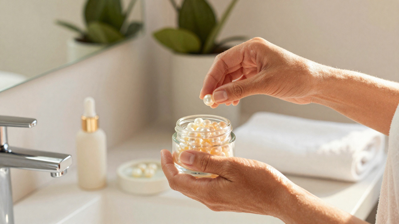 Mãos segurando frasco de vidro com pérolas de creme, em casa de banho com toalha e planta no fundo.