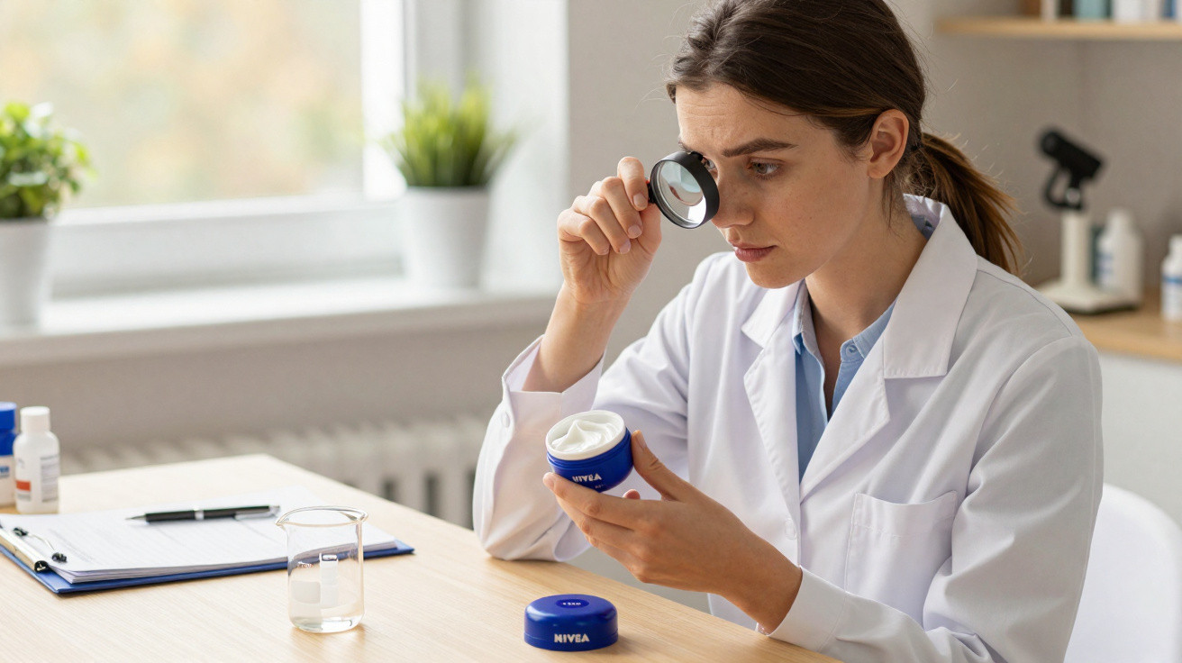 Mulher de bata branca examina creme Nivea com lupa numa sala clara e organizada.
