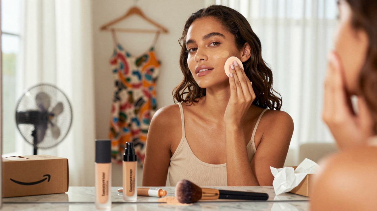 Mulher a aplicar maquilhagem com esponja, sentada à frente do espelho numa mesa com produtos de beleza.