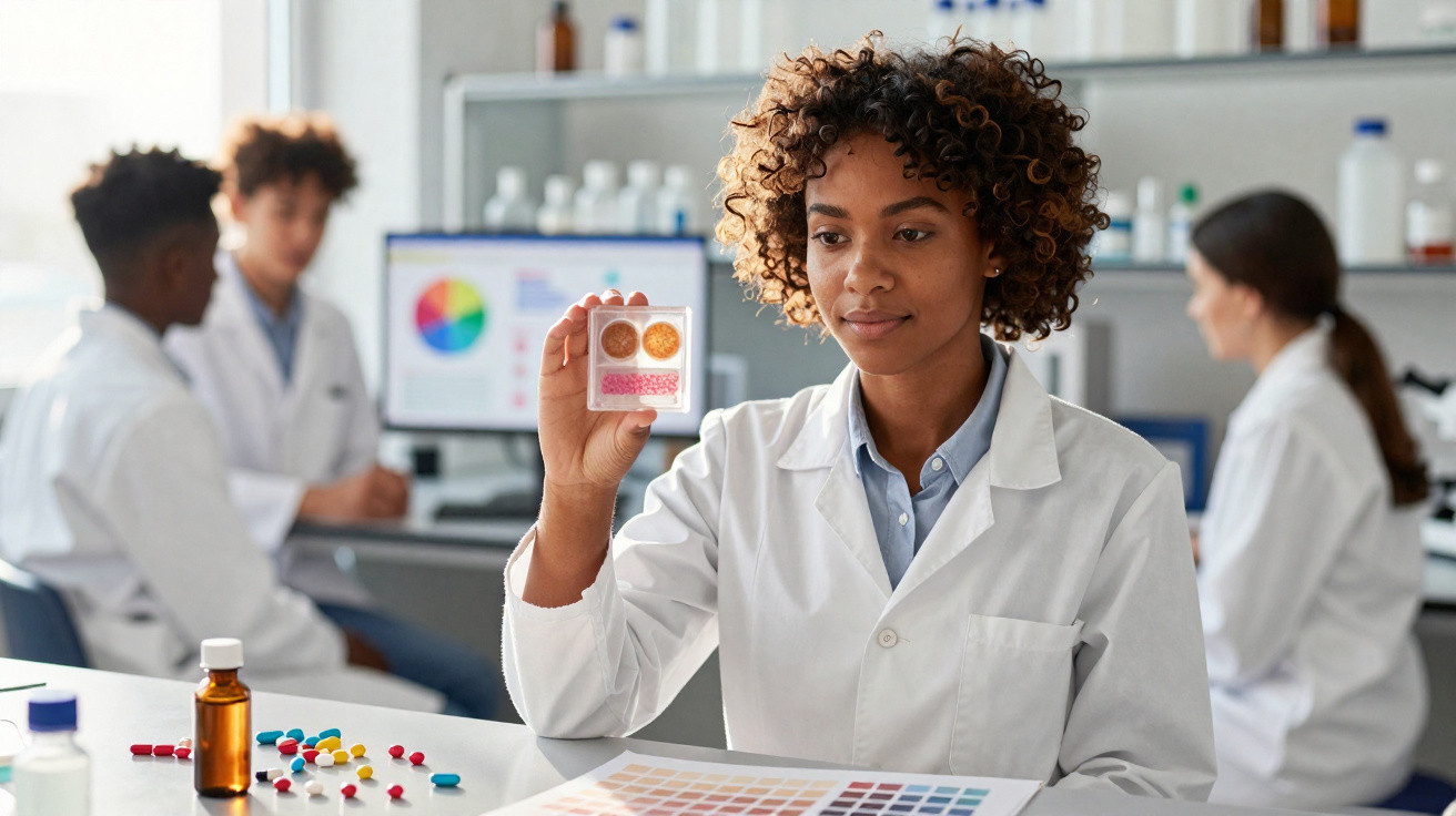 Cientista com bata branca examina amostras em laboratório com colegas ao fundo e medicamentos na mesa.