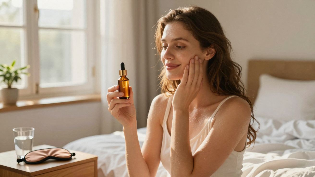 Mulher sentada na cama, sorrindo e aplicando sérum facial de frasco âmbar com conta-gotas.