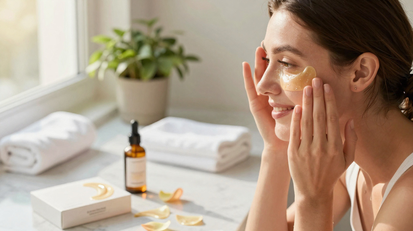Mulher jovem aplica máscara hidrogel dourada sob os olhos num ambiente luminoso e relaxante.