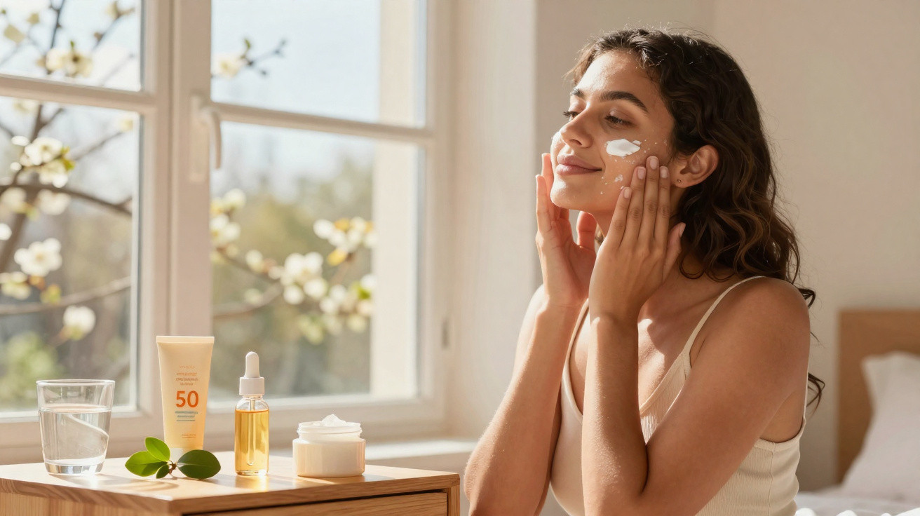 Mulher a aplicar creme facial junto a janela com produtos de cuidado de pele numa mesa de madeira.