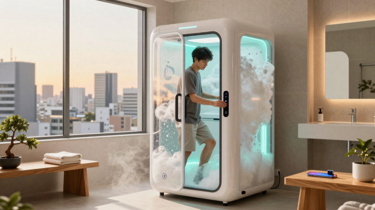 Homem dentro de cabine de banho a vapor moderna com luzes LED numa casa com vista urbana.