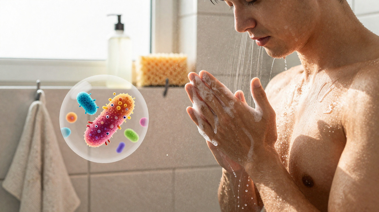 Homem a tomar duche com bolha ilustrativa de bactérias para higiene pessoal.