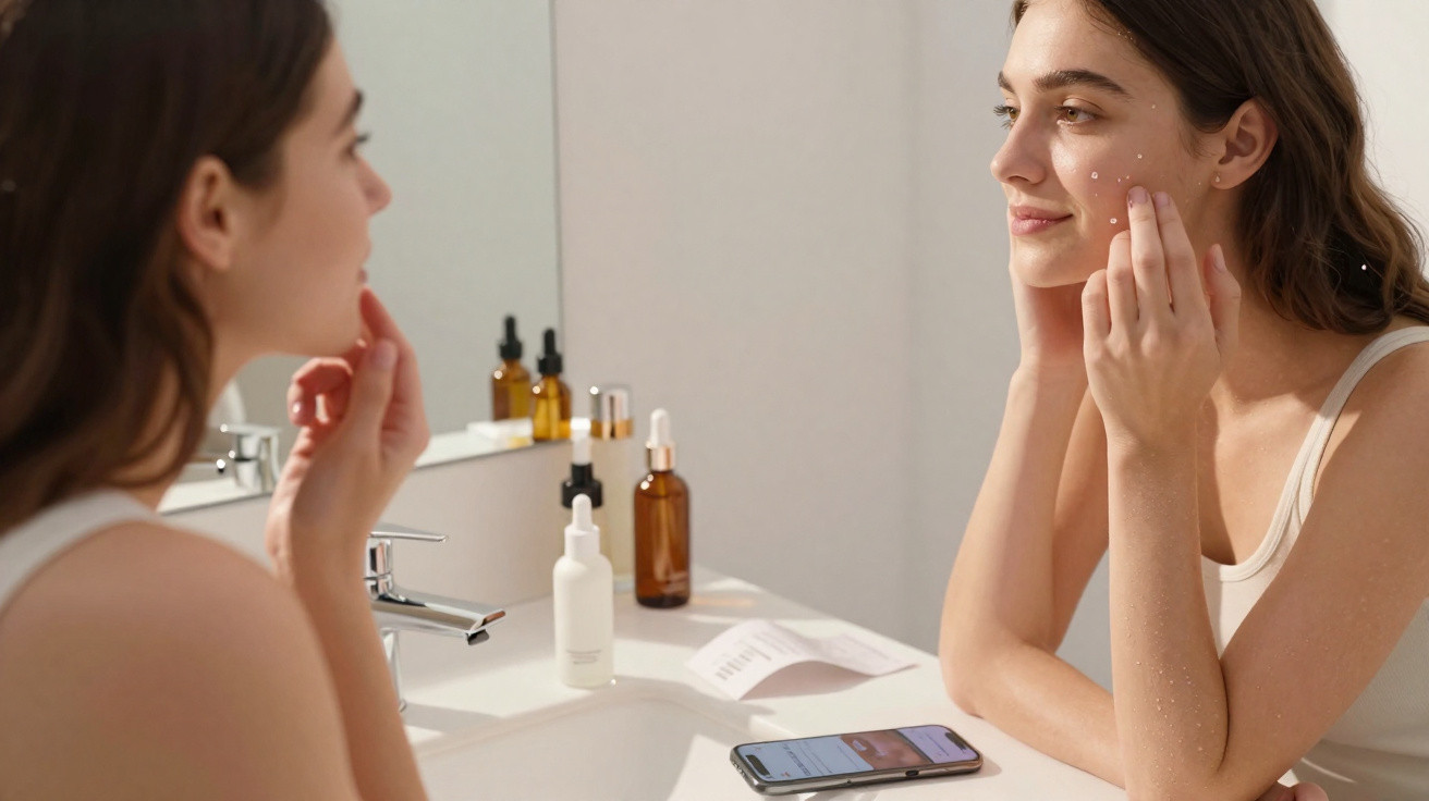 Mulher aplica creme facial ao espelho numa casa de banho com produtos e telemóvel na bancada.
