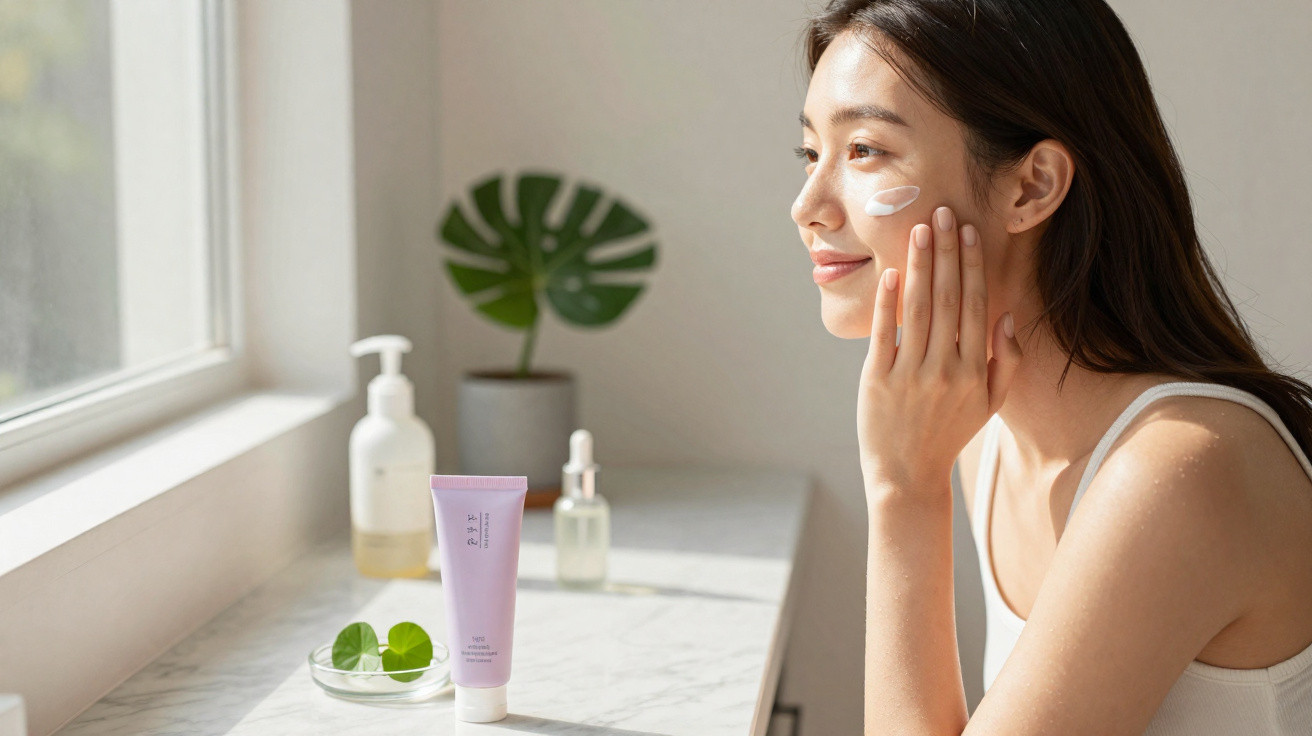 Mulher aplica creme no rosto junto a produtos de cuidados de pele numa bancada iluminada pela luz natural.