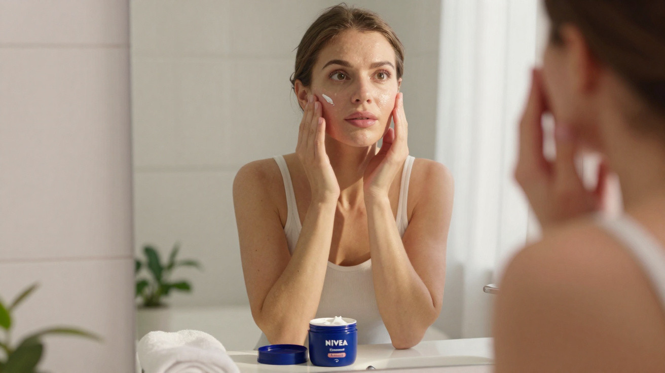 Mulher aplica creme hidratante Nivea no rosto, olhando-se ao espelho numa casa de banho iluminada.