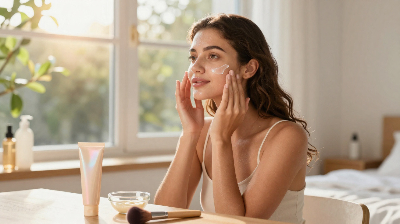 Jovem a aplicar creme facial com pincel num quarto iluminado pela luz natural, sentada numa cadeira.
