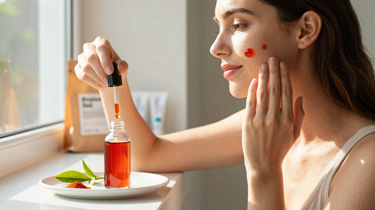 Mulher aplica sérum facial vermelho na pele junto a janela com luz natural suave.