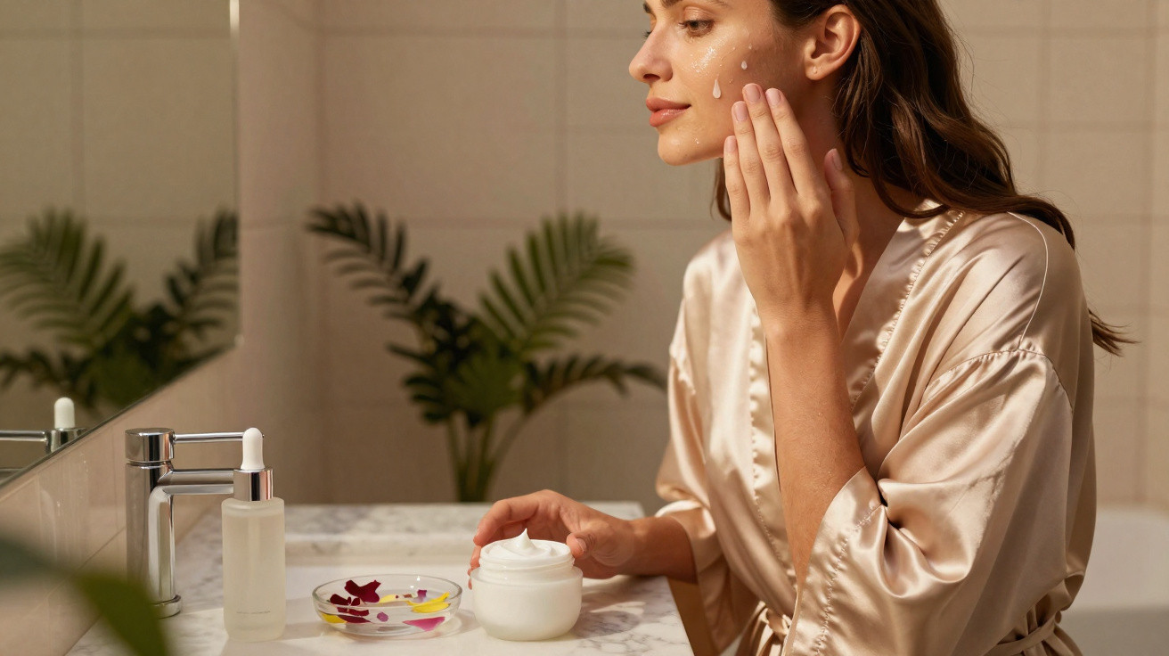 Mulher a aplicar creme hidratante no rosto numa casa de banho moderna com plantas ao fundo.