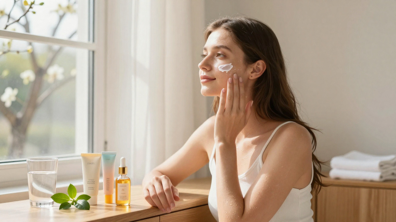 Mulher aplica creme hidratante no rosto sentada junto a janela com produtos de cuidados de pele na mesa.