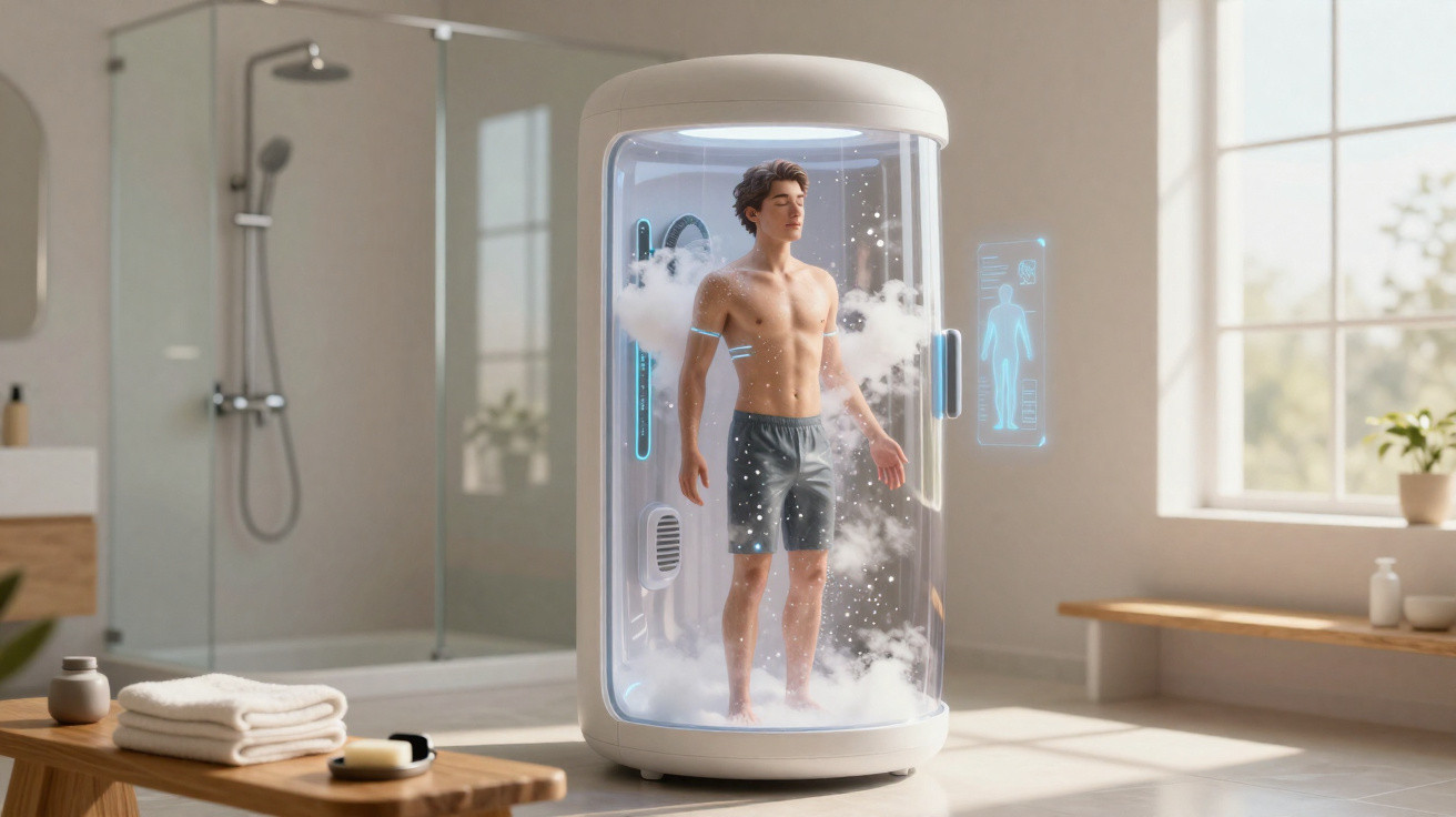 Homem numa cápsula de duche futurista com ecrã digital e névoa, numa casa de banho moderna e luminosa.