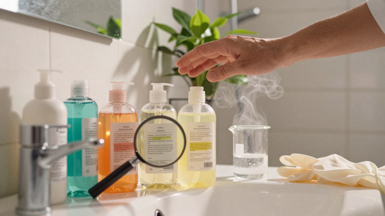 Mão sobre garrafas de produtos líquidos, lupa a aumentar texto e béquer com vapor numa casa de banho.