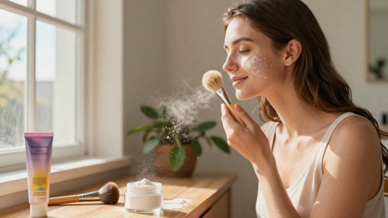 Mulher a aplicar pó facial com pincel junto a janela e planta numa sala iluminada.