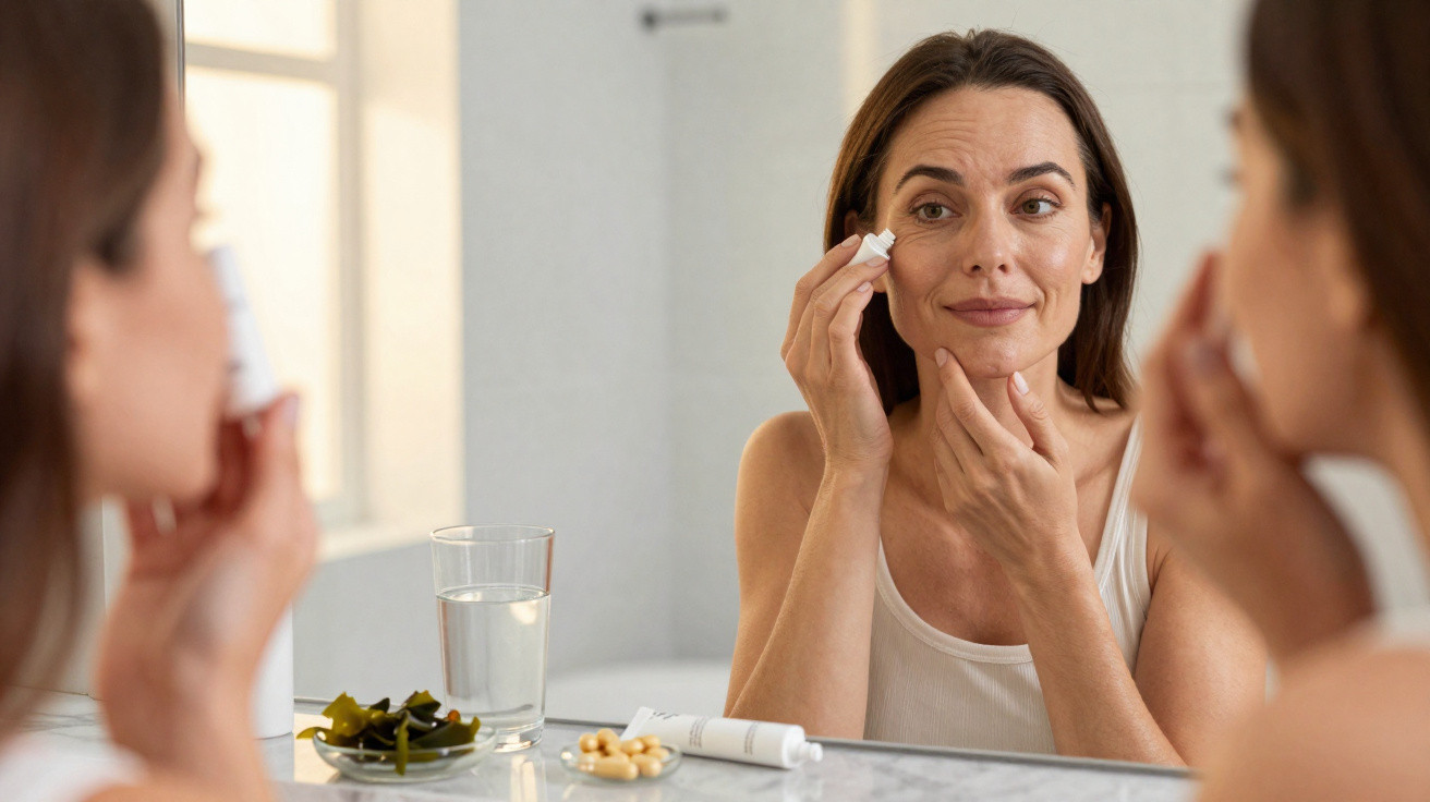 Mulher com roupa clara aplica creme facial junto a espelho num ambiente bem iluminado.