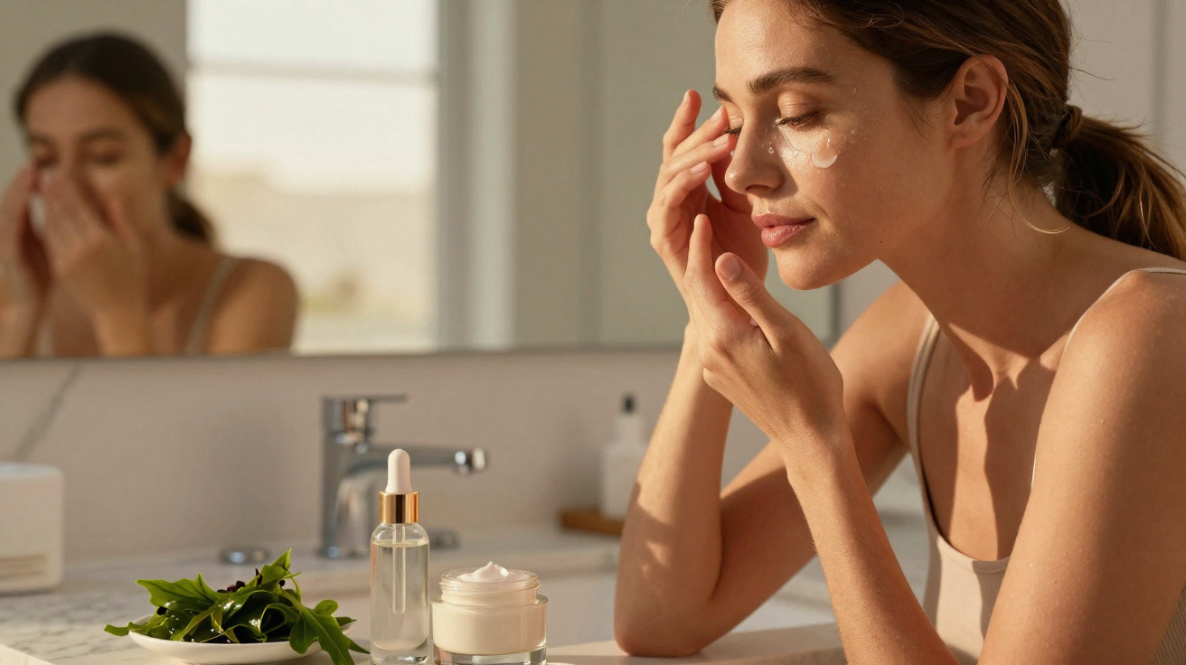 Mulher a aplicar creme hidratante no rosto, sentada numa casa de banho com produtos de cuidado facial na bancada.