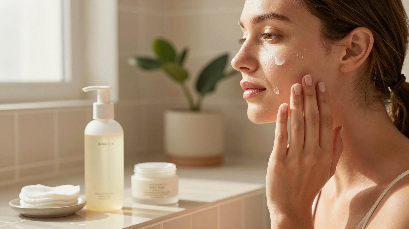 Mulher a aplicar creme hidratante no rosto, com produtos de cuidados de pele e planta ao fundo.