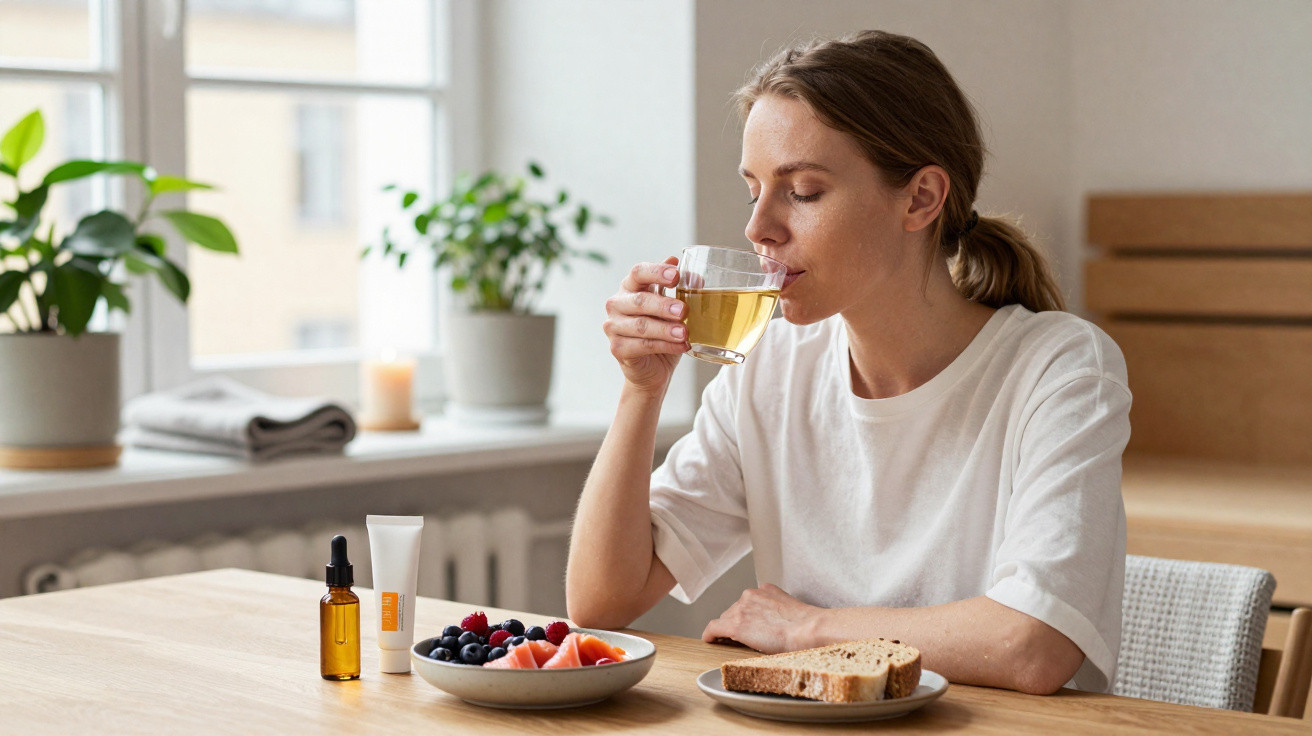 Mulher sentada na cozinha a beber chá, com fruta, pão e produtos de cuidados na mesa.